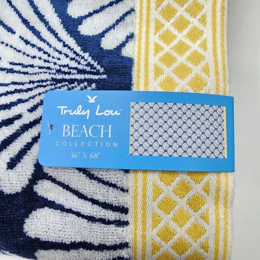 Truly Lou Beach Towel Shannon Shell Blue White Cotton 36x68 Pool Spa Absorbent